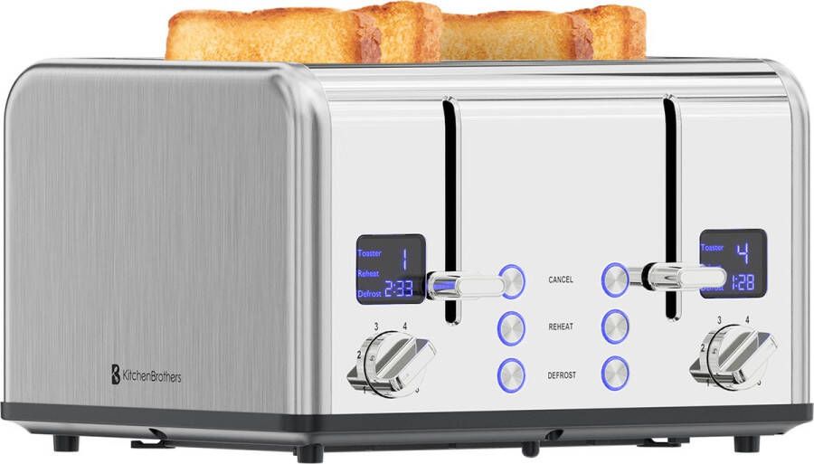 KitchenBrothers Broodrooster Toaster 6 Warmteniveaus 4 Extra Brede Sleuven 1630W RVS Zilver - Foto 1