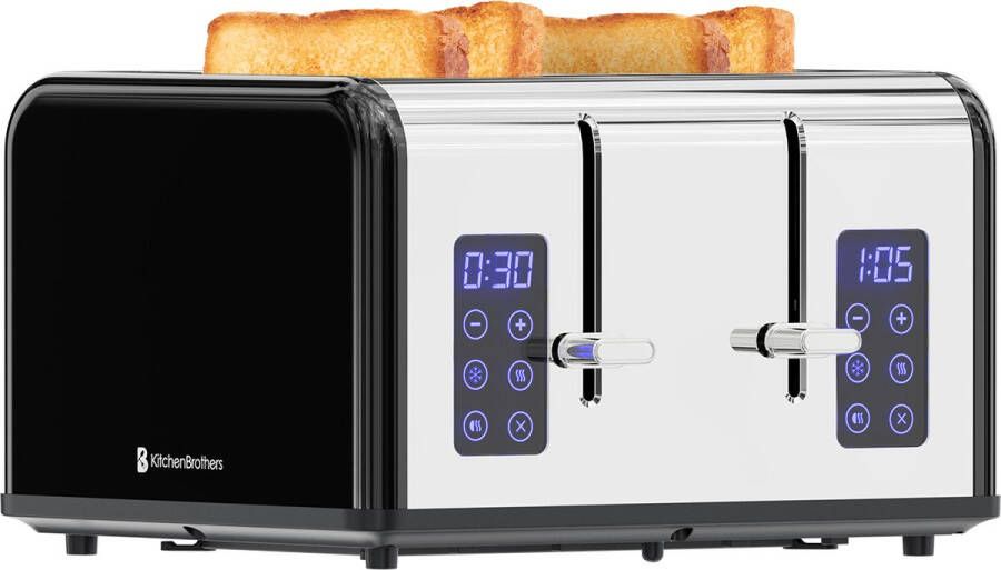 KitchenBrothers Broodrooster Toaster 6 Warmteniveaus 4 Extra Brede Sleuven Touch display 1630W RVS Zwart