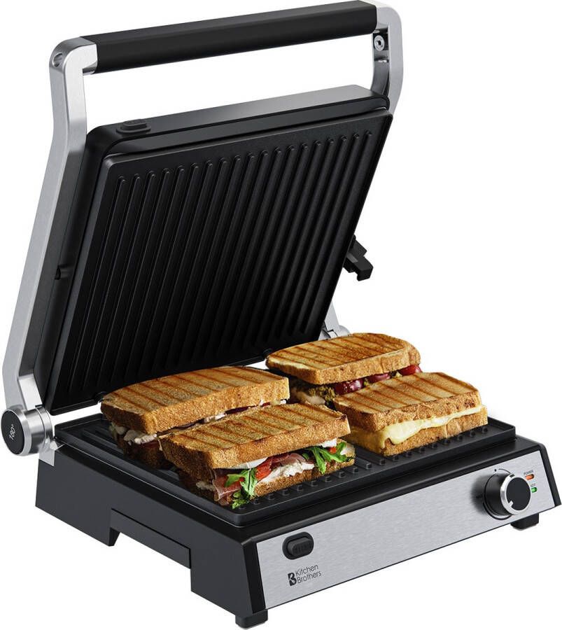 KitchenBrothers Contactgrill Deluxe Tosti Apparaat Grill Apparaat Uitneembare Grillplaten Panini Grill 5 hoogtestanden Croque Monsieur Toestel 2000W RVS