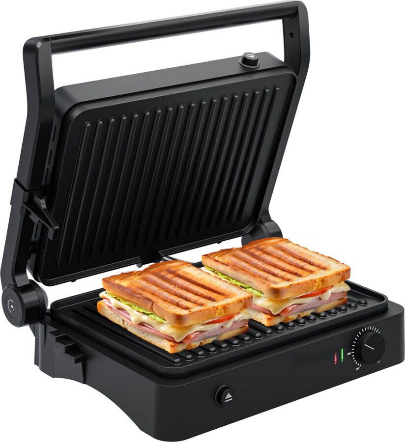 KitchenBrothers Contactgrill Croque-monsieur machine Grill Apparaat Uitneembare Grillplaten Panini Grill 3 hoogtestanden Croque Monsieur Toestel Croque-monsieur machine 2000W Zwart