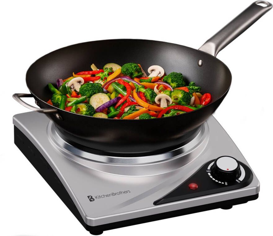 KitchenBrothers Elektrische Kookplaat 1 Pits Vrijstaand 7 temperatuurstanden 1500W RVS Zwart