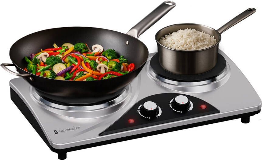 KitchenBrothers Elektrische Kookplaat 2 Pits Vrijstaand 7 temperatuurstanden 1500W + 1000W RVS Zwart