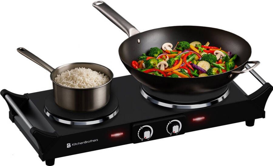 KitchenBrothers Elektrische Kookplaat 2 Pits Dubbele Kookplaat 2500W Vrijstaand Zwart