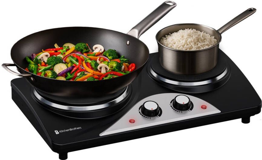 KitchenBrothers Elektrische Kookplaat 2 Pits Vrijstaand 7 temperatuurstanden 1500W + 1000W Zwart