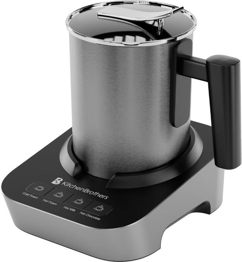 KitchenBrothers Elektrische Melkopschuimer Melkklopper Vaatwasserbestendig 4-in-1 400 ML Voor 3 Cappuccino's RVS Zwart