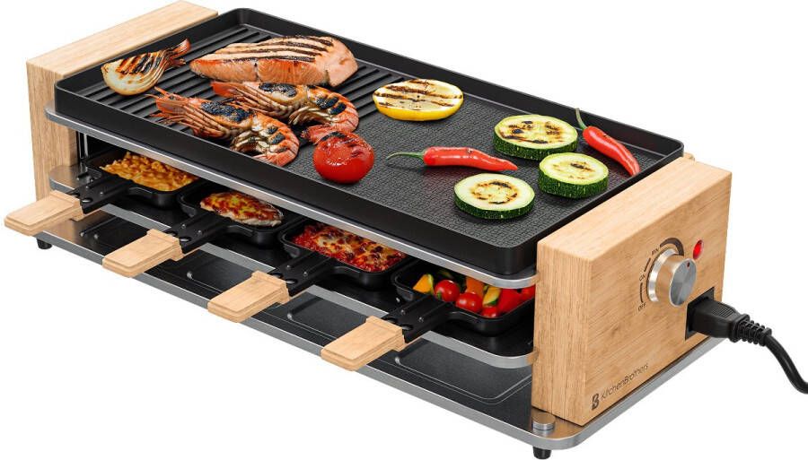 KitchenBrothers Gourmetstel 950W Gourmetplaat 8 Personen Set met Pannetjes en Spatels 46 5 x 23 cm Hout Zwart