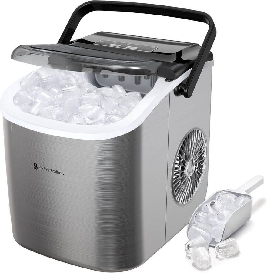 KitchenBrothers IJsblokjesmachine 1.2L IJsklontjes maker IJsschep – 12kg 24 uur – Draagbaar – Zelfreinigingsfunctie RVS
