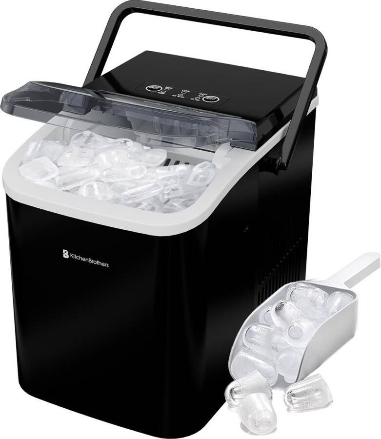 KitchenBrothers IJsblokjesmachine 1.5L IJsblokmaker met IJsschep Zelfreinigingsfunctie 9 Blokjes in 8 min. Draagbaar met Handvat Zwart