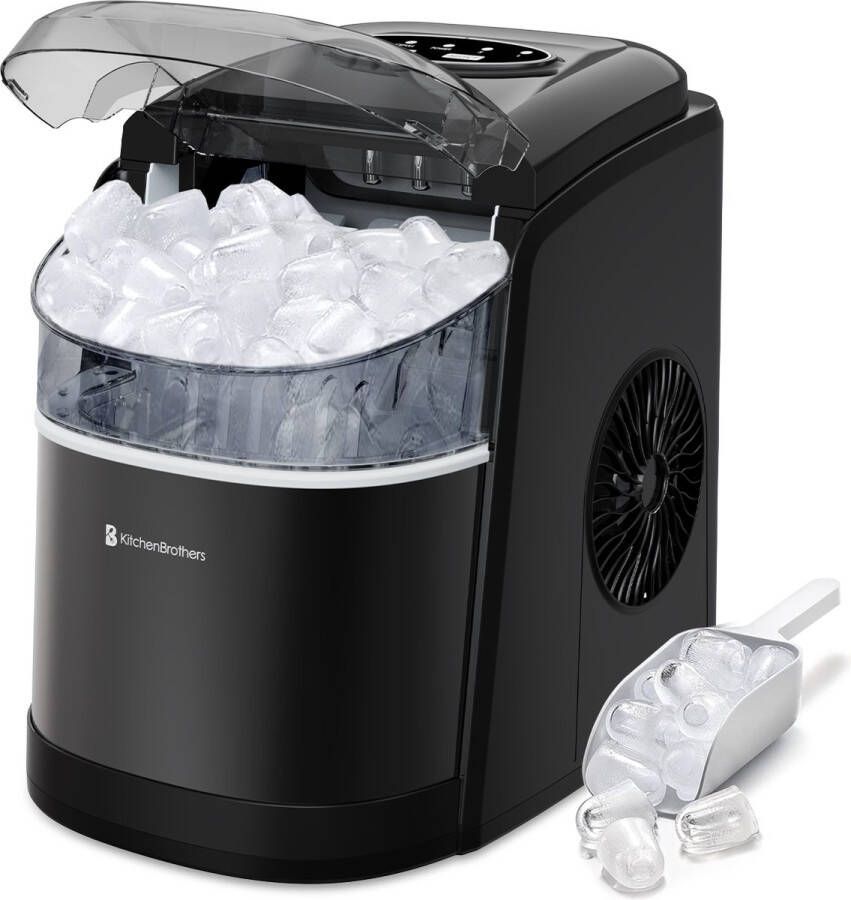 KitchenBrothers 1.6L IJsblokjesmachine 12kg 24 uur IJsblokjesmaker IJsschep Draagbaar – Zelfreinigingsfunctie Zwart