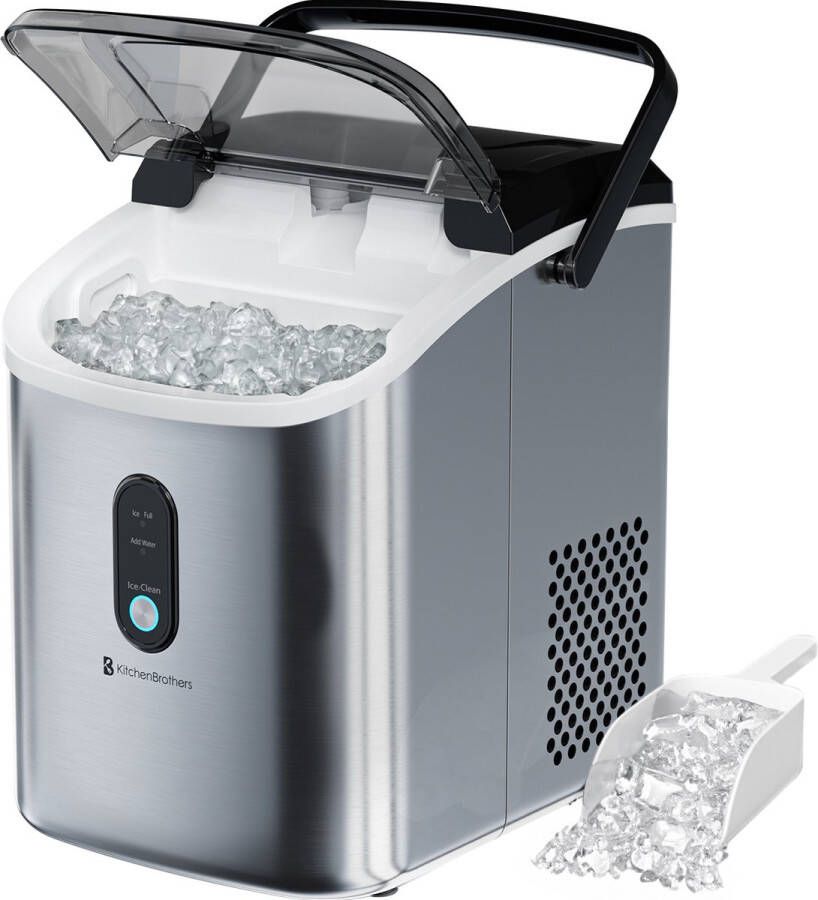 KitchenBrothers Nugget IJsblokjesmachine 1.1L Crushed Ice Maker met IJsschep – Draagbaar – 15kg 24 uur RVS