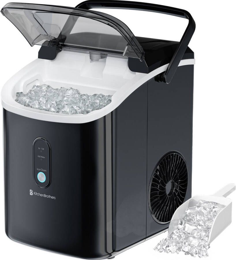 KitchenBrothers Nugget IJsblokjesmachine 1.1L Crushed Ice Maker met IJsschep – Draagbaar – 15kg 24 uur Zwart