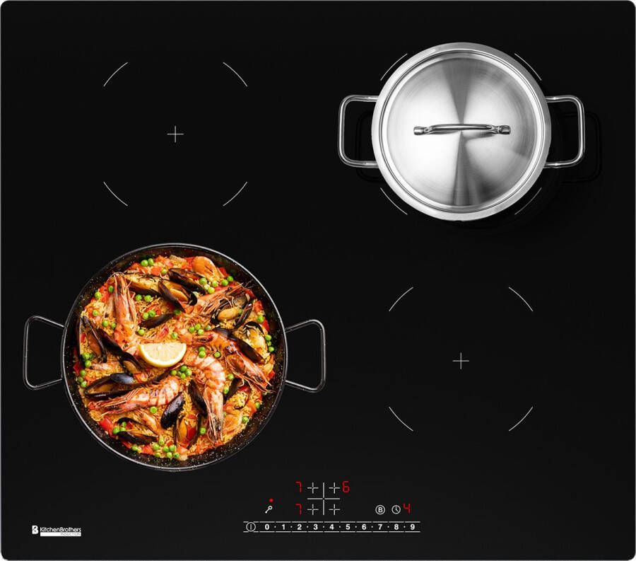 KitchenBrothers Inductie Kookplaat Inbouw Inductieplaat 60 cm 4 Zones 1 en 2 Fase Tot 2400W Zwart