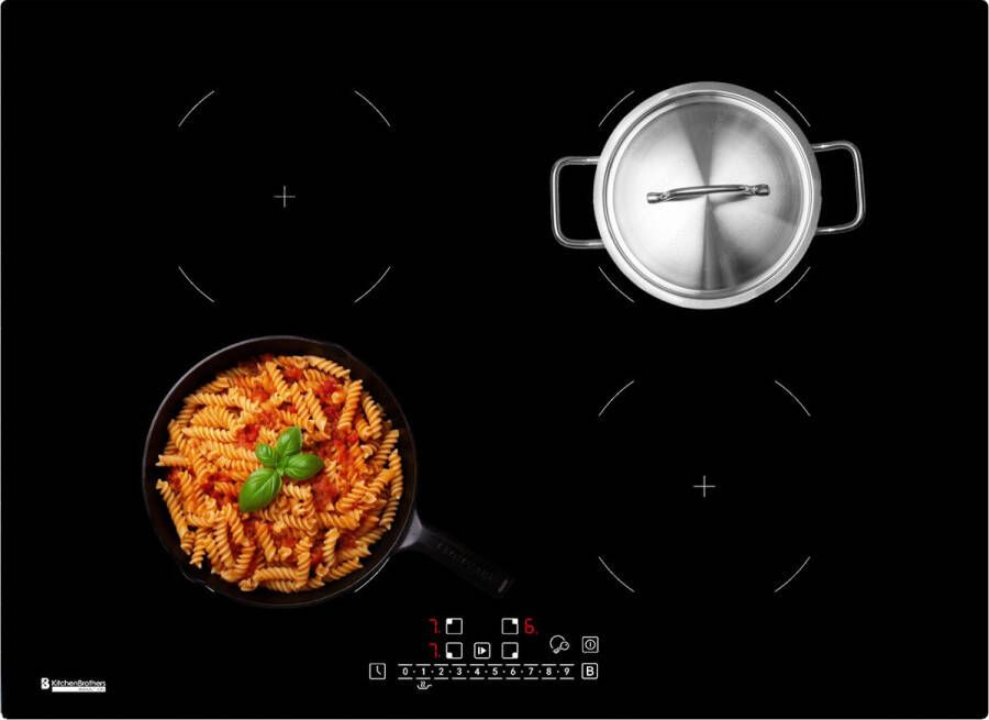 KitchenBrothers Inductie Kookplaat Inbouw Inductieplaat 70 cm 4 Zones 1 en 2 Fase Tot 2300W Zwart