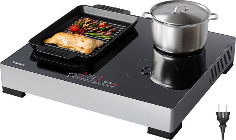 KitchenBrothers Inductie Kookplaat Vrijstaande Inductieplaat 60 cm 4 Zones 1x Flexzone 1 Fase Tot 3500W Zilver RVS