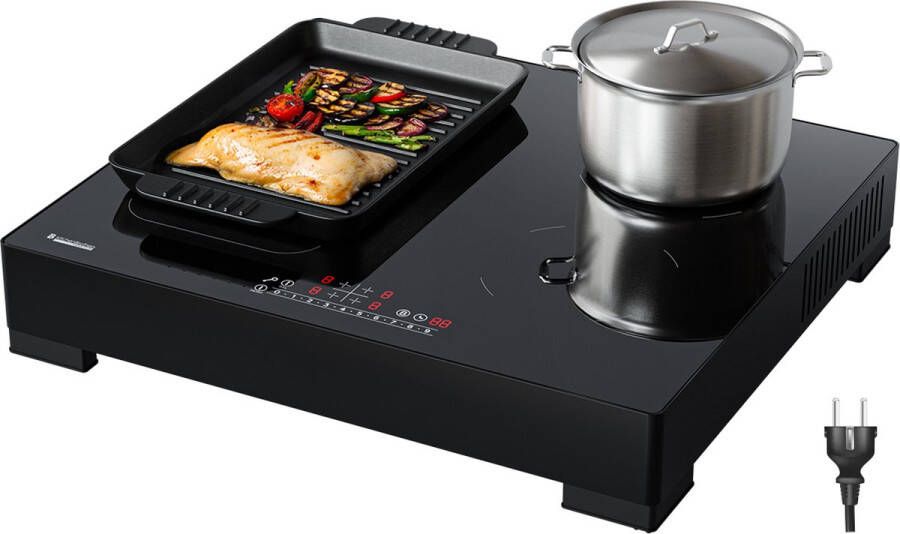 KitchenBrothers Inductie Kookplaat Vrijstaande Inductieplaat 60 cm 4 Zones 1x Flexzone 1 Fase Tot 3500W Zwart