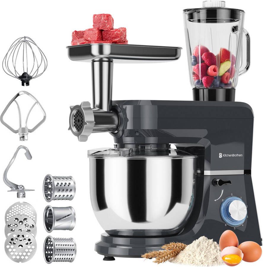 KitchenBrothers Keukenmachine 6-in-1 Keukenrobot 1500W Met Gehaktmolen Blender en 15 Accessoires 6 2L RVS Kom Antraciet