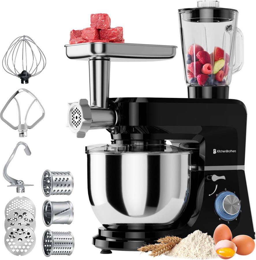 KitchenBrothers Keukenmachine 6-in-1 Keukenrobot 1500W Met Gehaktmolen Blender en 15 Accessoires 6 2L RVS Kom Zwart