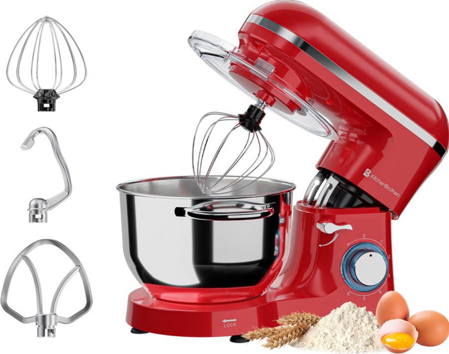 KitchenBrothers Keukenmachine 1400W RVS 6L Mengkom Mixer met Garde Deeghaak Menghaak Rood - Foto 3