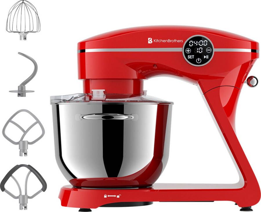 KitchenBrothers Keukenmachine Touch Display en Timer Keukenrobot 6 2L 1800W Keukenmixer Aluminium Rood