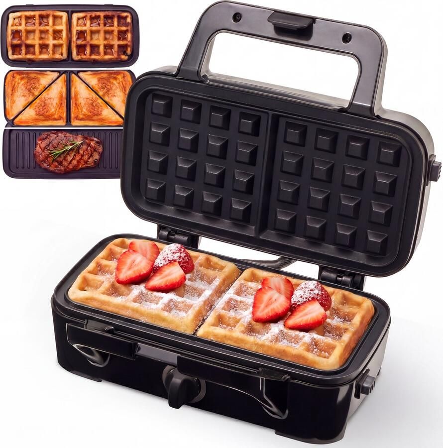 KitchenBrothers 3-in-1 Contactgrill Wafelijzer Tosti Apparaat PFAS- & BPA-vrij 1200W Verwisselbare Platen RVS