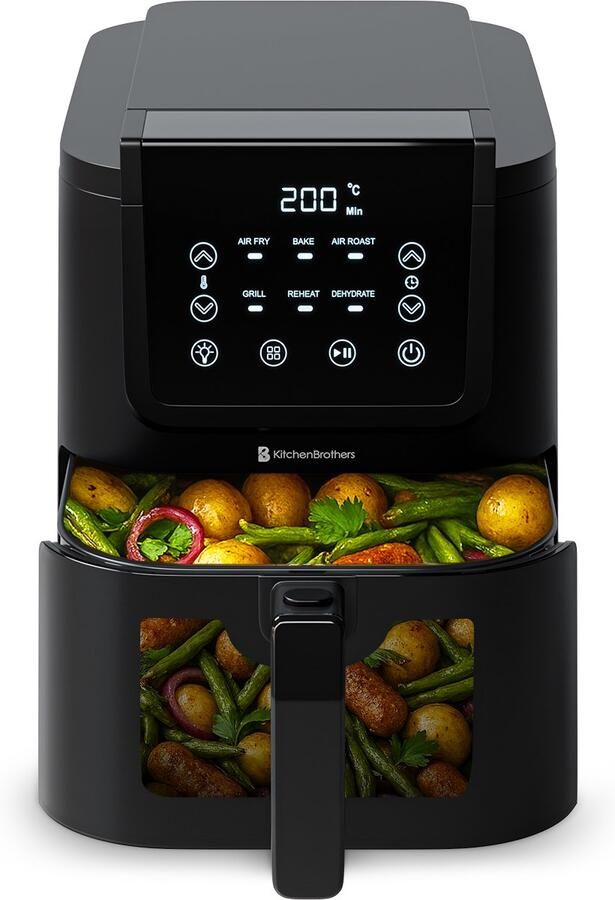 KitchenBrothers Airfryer XL 5L 1500W Heteluchtfriteuse 60ºC tot 200ºC Met kijkvenster Compact design Extra stil 6 Kookprogramma's Zwart