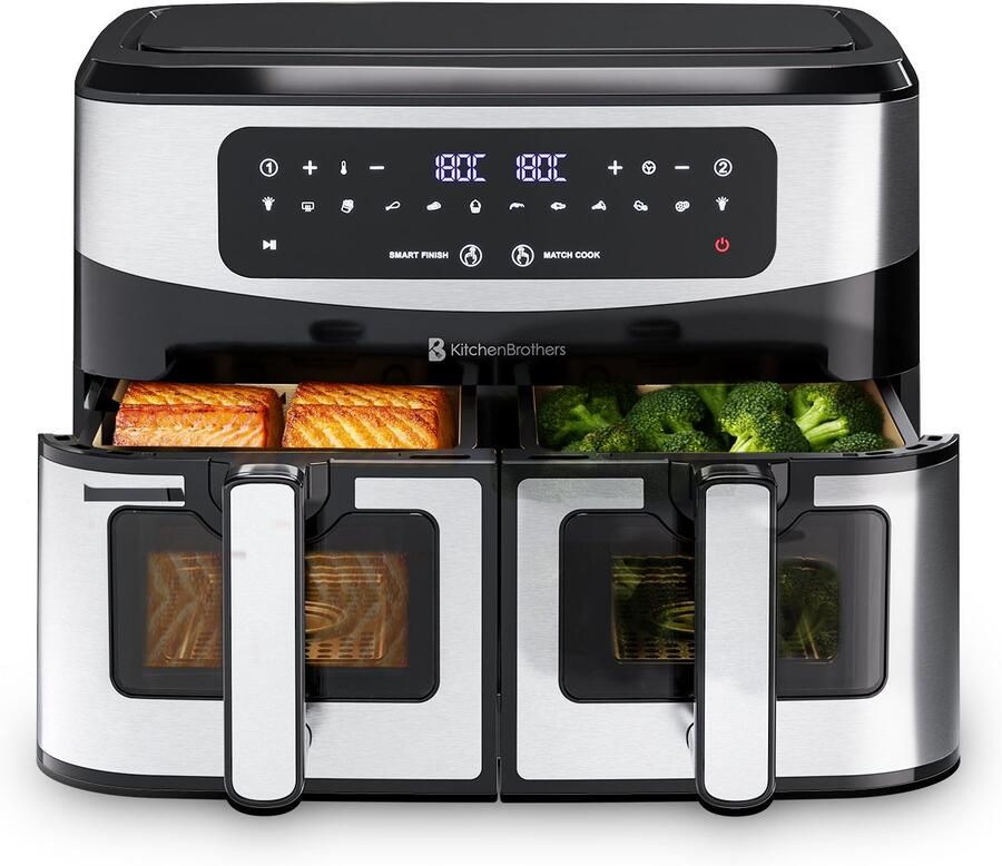KitchenBrothers Dubbele Airfryer 2400W Dual Zone 9L Heteluchtfriteuse Airfryer XXL 2 x 4.5L 10 Kookprogramma's RVS Zwart