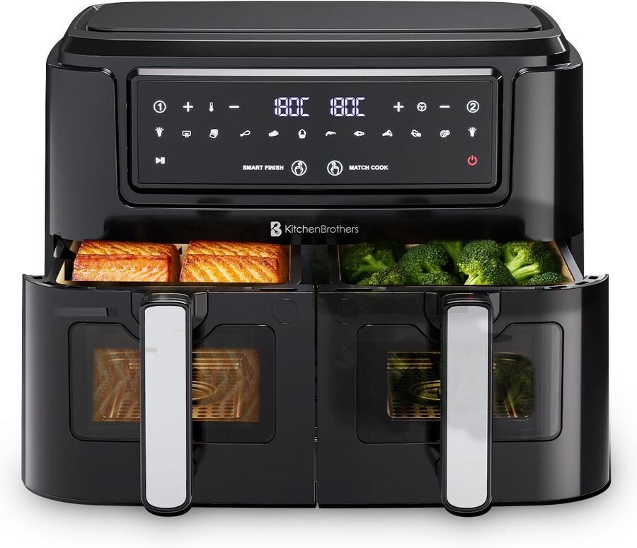 KitchenBrothers Dubbele Airfryer 2400W Dual Zone 9L Heteluchtfriteuse Airfryer XXL 2 x 4.5L 10 Kookprogramma's Zwart