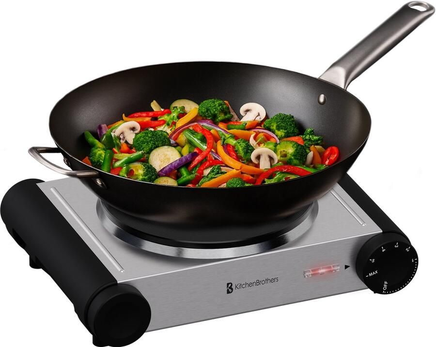 KitchenBrothers Elektrische Kookplaat 1 Pits Vrijstaand 7 temperatuurstanden 1500W RVS Zwart