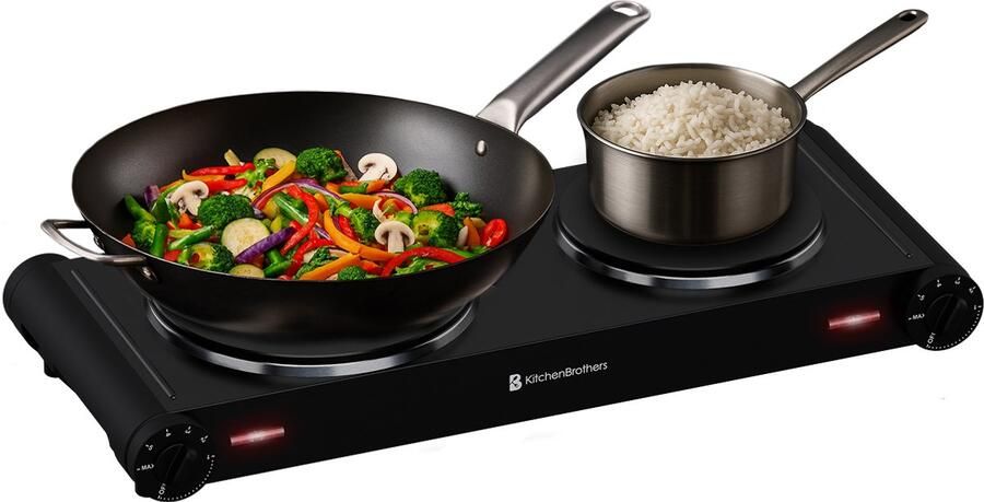 KitchenBrothers Elektrische Kookplaat 2 Pits Vrijstaand 7 temperatuurstanden 1500W + 1000W Zwart
