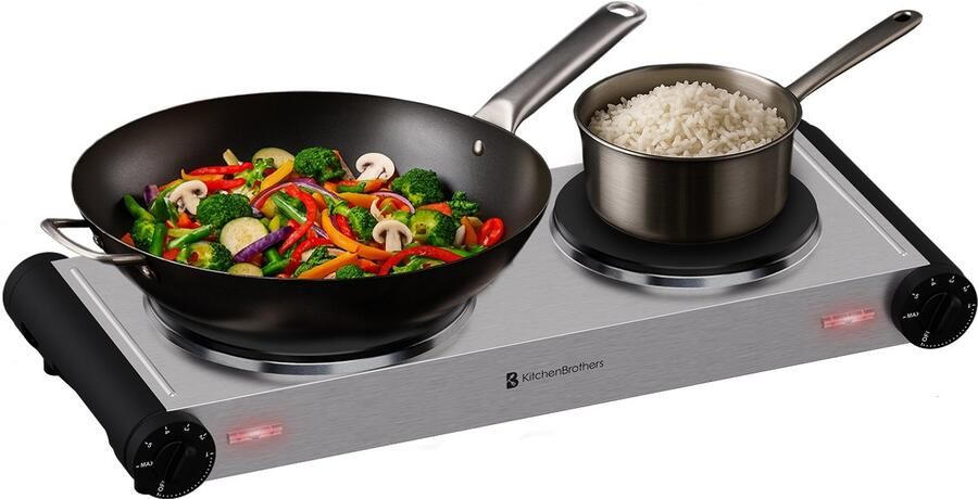 KitchenBrothers Elektrische Kookplaat 2 Pits Vrijstaand 7 temperatuurstanden 1500W + 1000W RVS Zwart