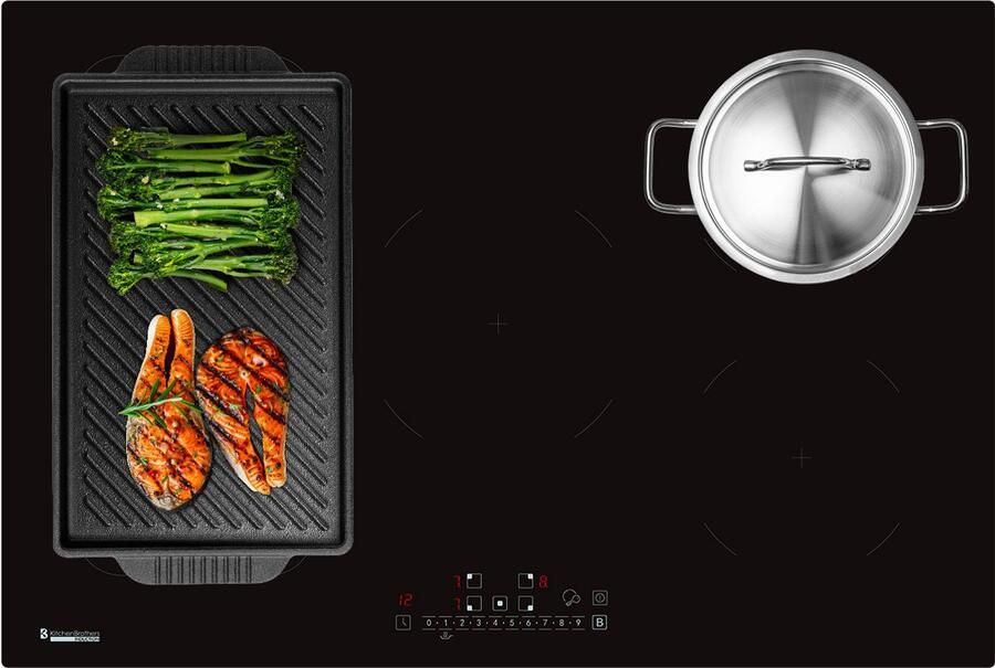 KitchenBrothers Inductie Kookplaat Inbouw Inductieplaat 80 cm 1 Flexzone + 3 Zones 1 en 2 Fase Zwart