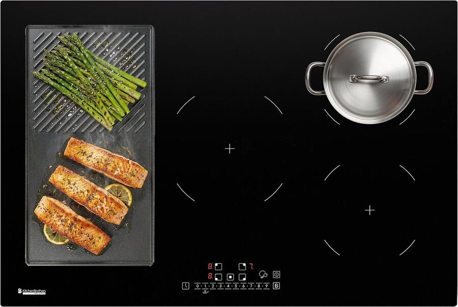 KitchenBrothers Inductie Kookplaat Inbouw Inductieplaat 80 cm 1 Flexzone + 3 Zones 1 en 2 Fase Zwart