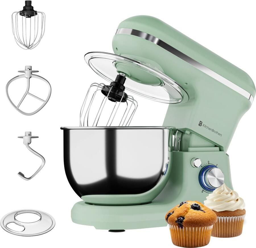 KitchenBrothers Keukenmachine 1200W Keukenrobot 5L Broodmixer Mixer met Mengkom Keukenmixer Pastelgroen