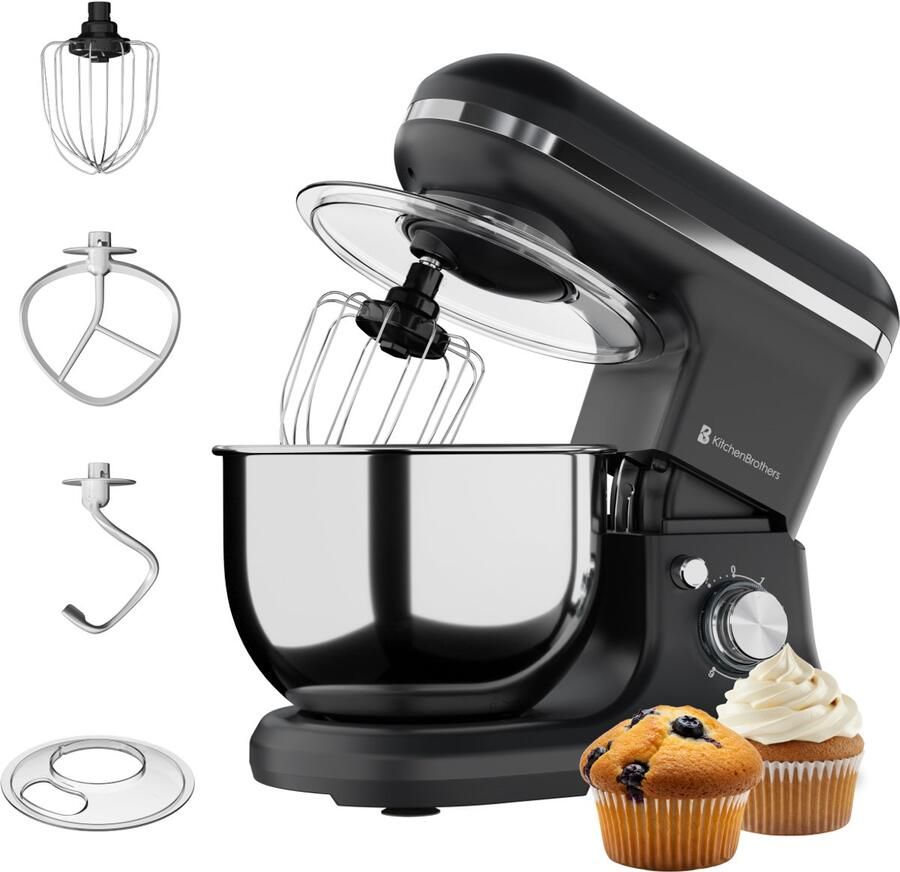 KitchenBrothers Keukenmachine 1200W Keukenrobot 5L Mixer met Mengkom Keukenmixer Matzwart - Foto 2