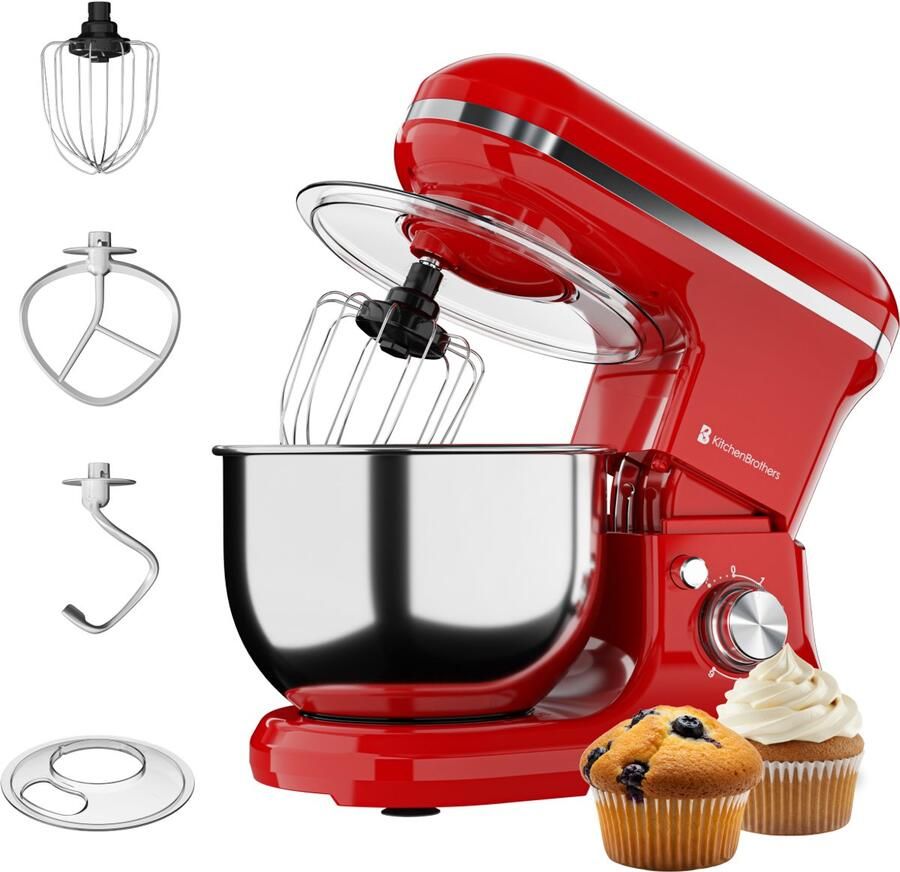 KitchenBrothers Keukenmachine Keukenrobot 5L Mixer met Mengkom Keukenmixer 1200W Rood