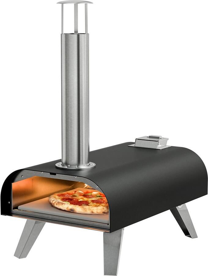 KitchenBrothers Pizza Oven Houtgestookt PFAS- & BPA-Vrij Tafelmodel Inklapbaar Pizzasteen tot 460°C Pizza maker Complete Set Pizzaoven voor Buiten Zwart RVS