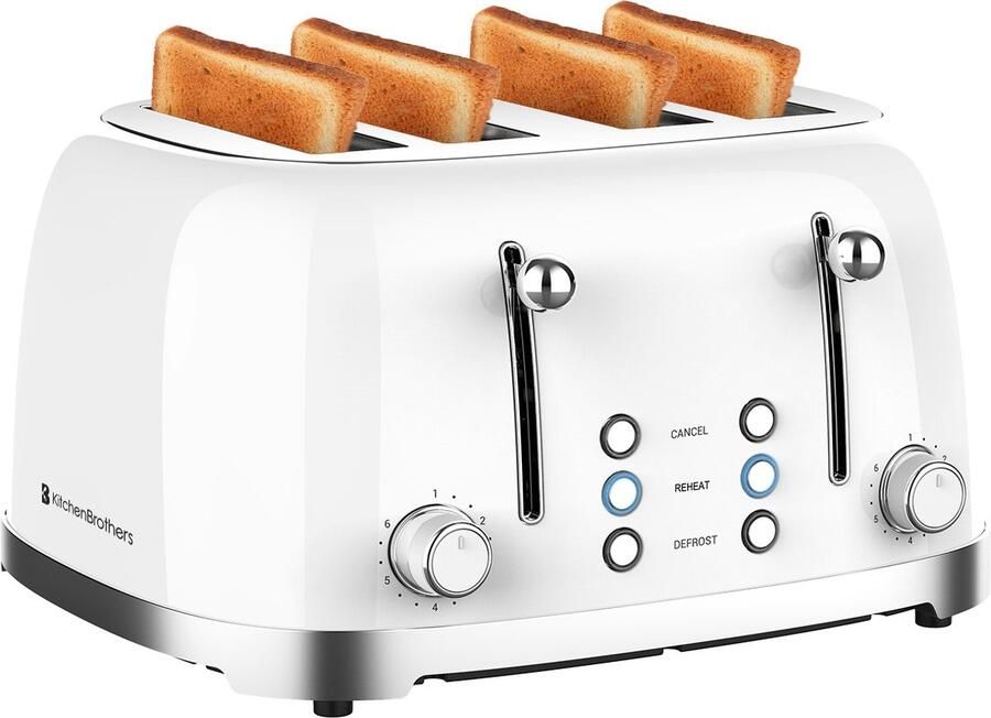 KitchenBrothers Retro Broodrooster 6 Warmteniveaus 4 Sneden 4 Extra Brede Sleuven 1630W Reheat en Ontdooi-functie Wit