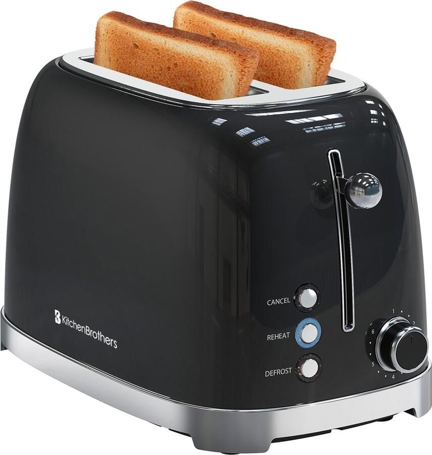 KitchenBrothers Retro Broodrooster 6 Warmteniveaus 2 Extra Brede Sleuven 1630W Reheat en Ontdooi-functie Zwart