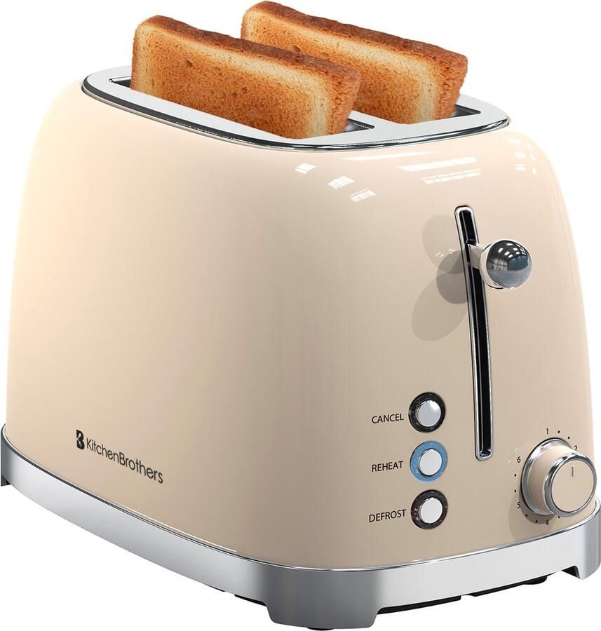 KitchenBrothers Retro Broodrooster Toaster 6 Warmteniveaus 2 Extra Brede Sleuven 815W Moederdag Cadeautje Beige