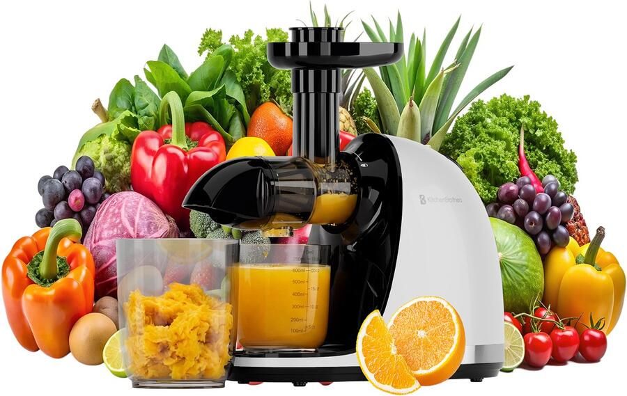 KitchenBrothers Slowjuicer PFAS-Vrij Juicer Sapcentrifuge Groenten en Fruitpers 700ml Met Pulpreservoir Juice Maker Parelwit
