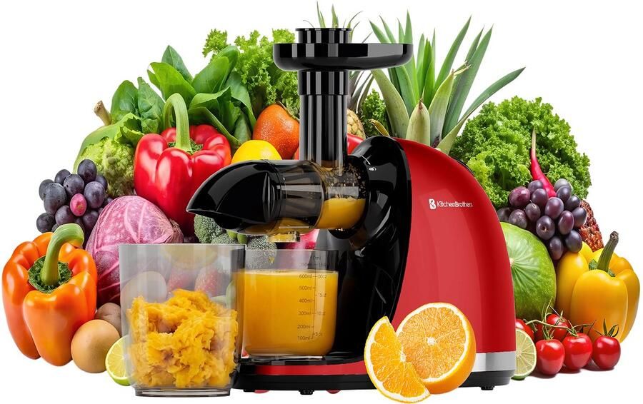 KitchenBrothers Slowjuicer PFAS-Vrij Juicer Sapcentrifuge Groenten en Fruitpers 700ml Met Pulpreservoir Juice Maker Rood