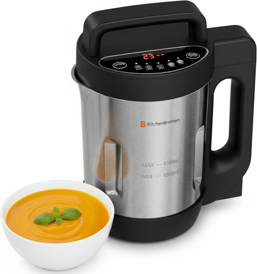KitchenBrothers Soepmaker 1.2L 5 Programma's Timer Display Blender RVS Zwart