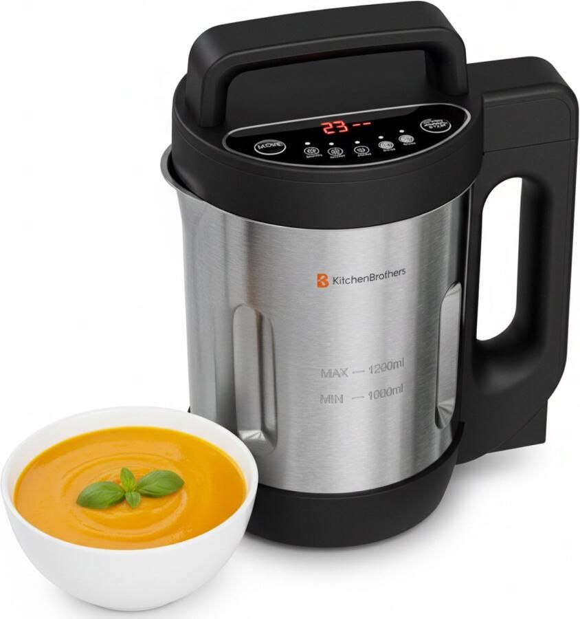 KitchenBrothers Soepmaker PFAS en BPA Vrij 1.2L 5 Programma's Timer Display Blender RVS Zwart