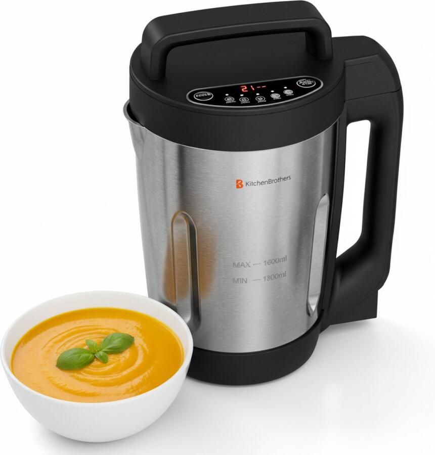 KitchenBrothers Soepmaker 1.6L 5 Programma's Timer Display Blender RVS Zwart