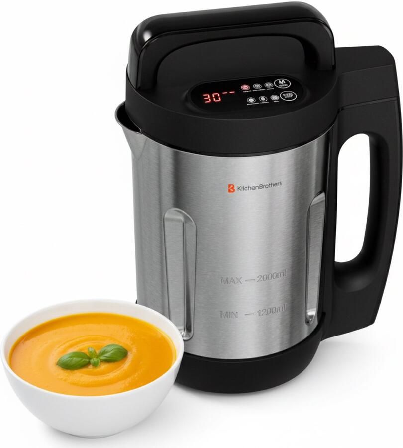 KitchenBrothers Soepmaker 2L 5 Programma's Timer Display Blender RVS Zwart