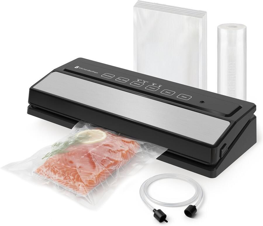 KitchenBrothers Vacumeermachine Adapt 12L min Vacuüm Sealer 6 Standen Incl. 2m Folierol 5 Vacumeerzakken en Vacuumslang