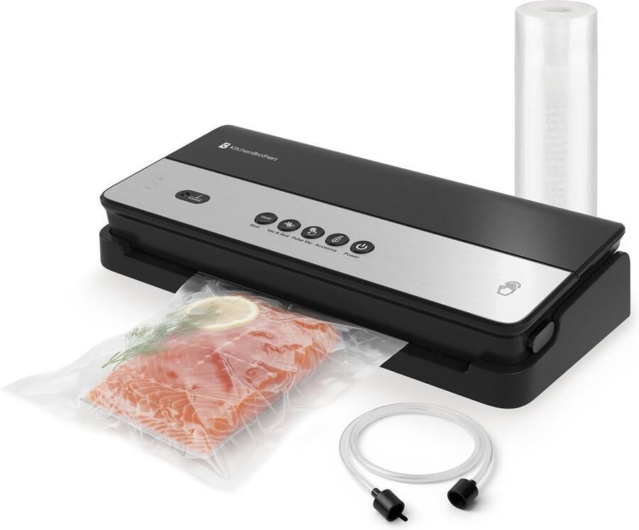 KitchenBrothers Vacumeermachine Set Vacuüm Sealer 4 Standen 8L min. Incl. 6m Folierol 50 Vacumeerzakken en Vacuumslang Zwart
