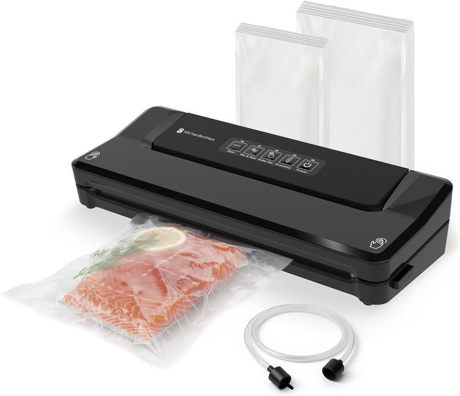 KitchenBrothers Vacumeermachine Essential 4 5L min. Vacuüm Sealer 4 Standen Incl. 40 Vacumeerzakken en Vacuumslang Zwart