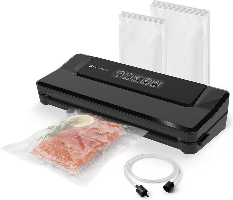KitchenBrothers Vacumeermachine Essential 4 5L min. BPA en PFAS Vrij Vacuüm Sealer 4 Standen Incl. 40 Vacumeerzakken en Vacuumslang Zwart