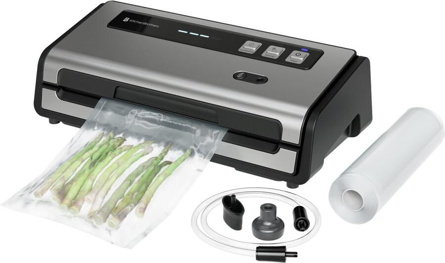 KitchenBrothers Vacumeermachine Set Volledig Automatisch Vacuüm Sealer BPA-vrij 4 Standen 18L min. Incl. Vacumeerrol en Vacuumslang Zwart